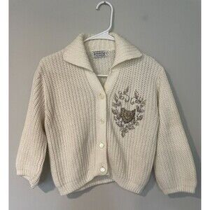 British Vogue Beaded Cream Cardigan Sweater Small Vintage Made in USA Pocket